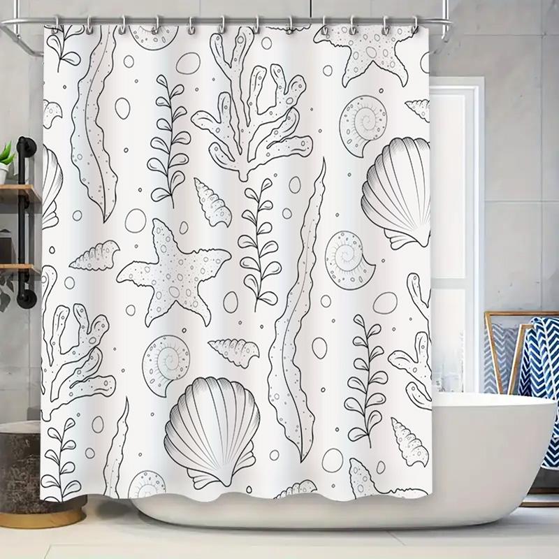 

Sea Life Print Shower Curtain Set, Black White Bathroom Decor, Waterproof Fabric For Bathrooms Size: 72X84 Inch (180X213 Cm) W60H190(CM)-1 Pcs