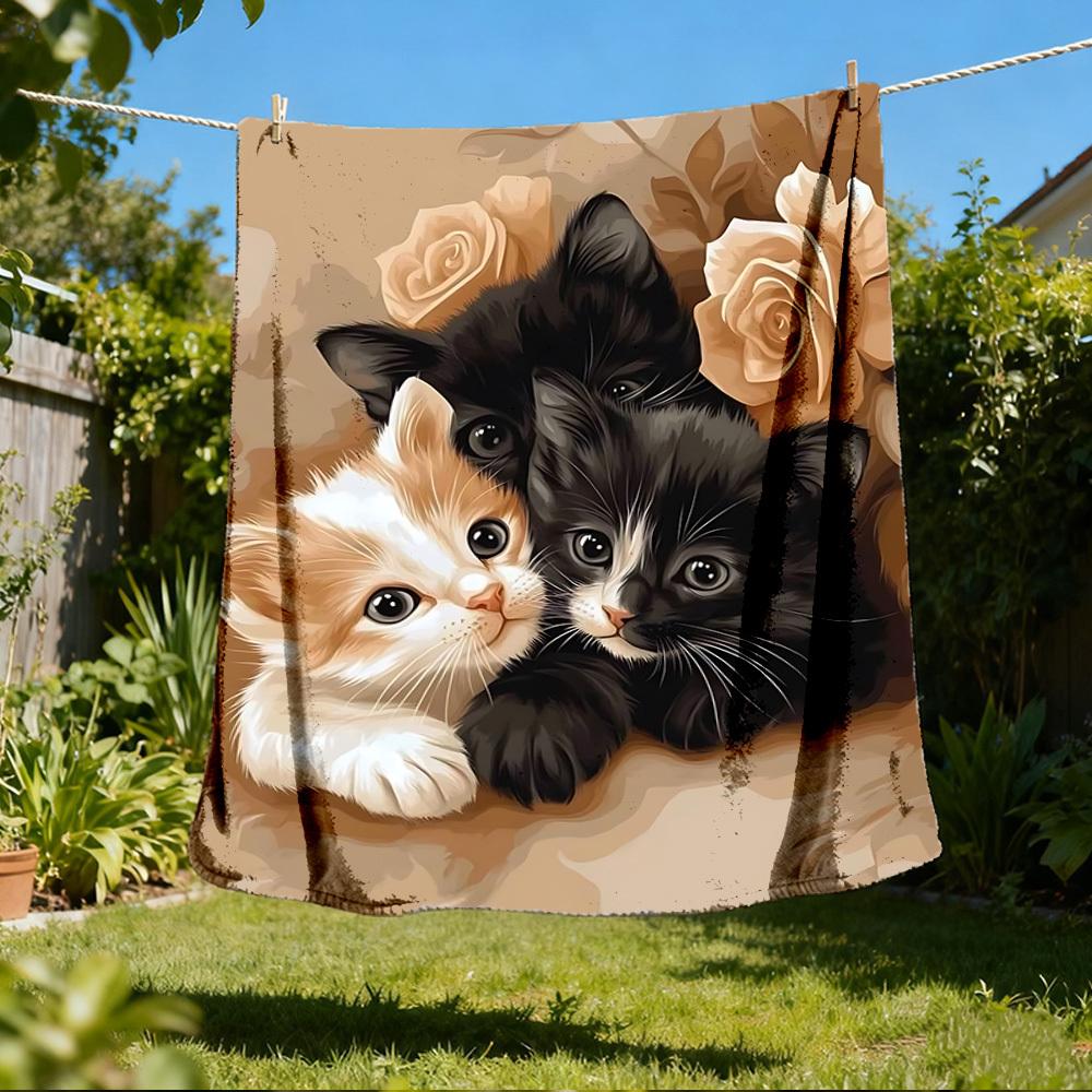 1pc Kitten Roses Outdoor Flannel Blanket , Machine Washable Perfect Gift for Birthday , Holiday Travel Accessory , Durable Material
