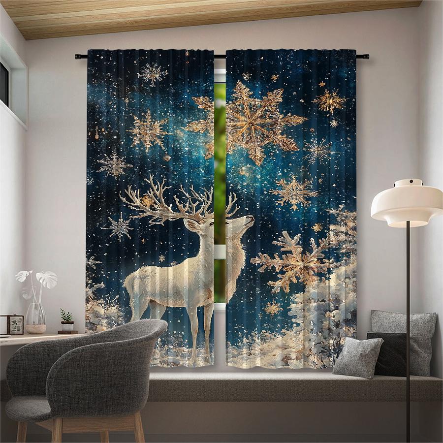 2 pieces - Christmas snowflake and elk print curtains   Christmas decorations   home decorations   room decorations