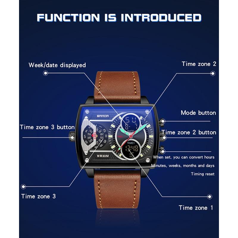 Gold Großes Zifferblatt Drei Zeitzonen Herren Armbanduhren Edelstahl Herren Sport Digital Militär Quarz Uhr Leuchtende Herrenuhr