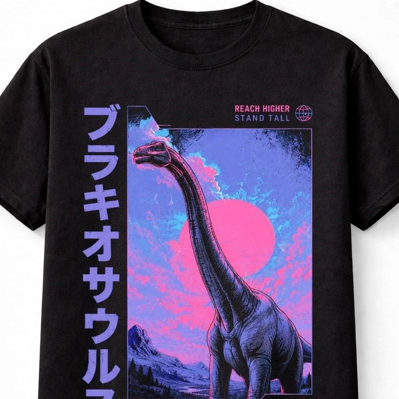 Brontosaurus Dinosaur Japanese Retro Sunset Graphic Unisex TShirt S