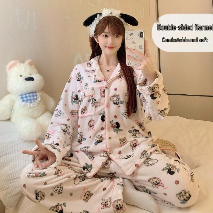 Милый женский мультяшный фланелевый пижамный комплект - Плотный, теплый, на пуговицах, для осени и зимы. L