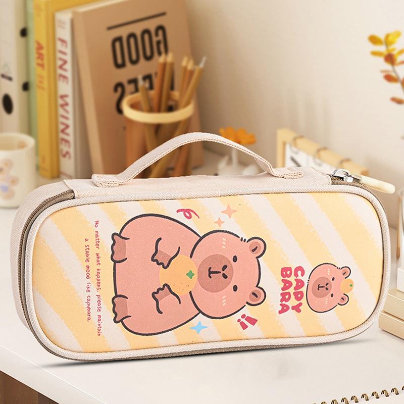 Cartoon Cute Capybara Pencil Case With Handle Portable Pen Bag Student Stationery School Supplies Large Capacity Storage Pen Box