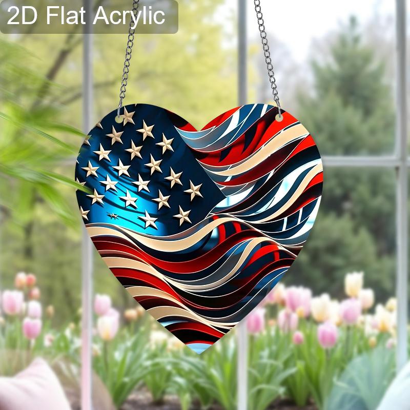 2D Flat Acrylic USA 250th Anniversary Suncatcher, 7.87in Heart American Flag Window Hanging Decor, Independence Day Memorial Day Gift