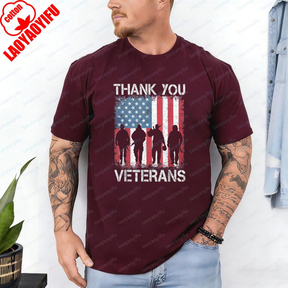 Thank You Veterans TShirt Homme America Flag Soldier Silhouette Patriotic Cotton Tee Veterans Day Vintage Simple Mens Clothes