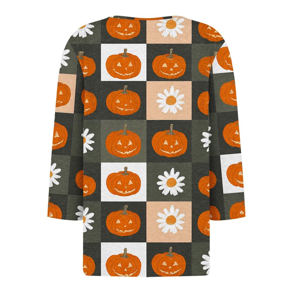 Women's Casual Fashion V-neck Loose Versatile Halloween Print Three-quarter Sleeve Top