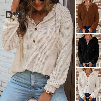 Donna Autunno Inverno Top Cappuccio Largo Bottoni Coulisse Felpa Con Cappuccio Colore Puro Maniche Lunghe Pullover Largo Uso Quotidiano Sportivo Camicetta