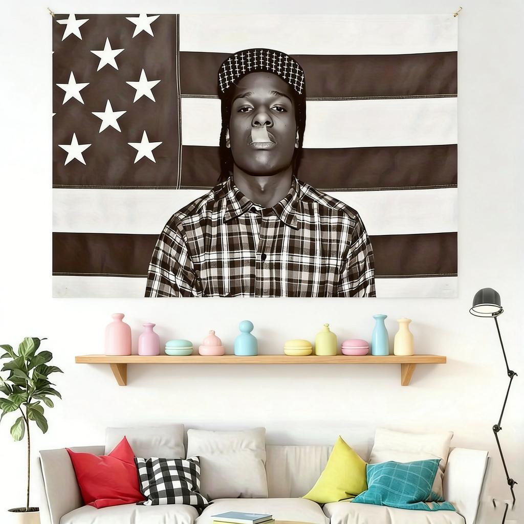 ASAP Rocky Rakim Mayers Gobelín Hip Hop Rapová Hudba Nástěnná Vlajka Černá Bílá Šedá Umění pro Ložnici Kolejní Dekor