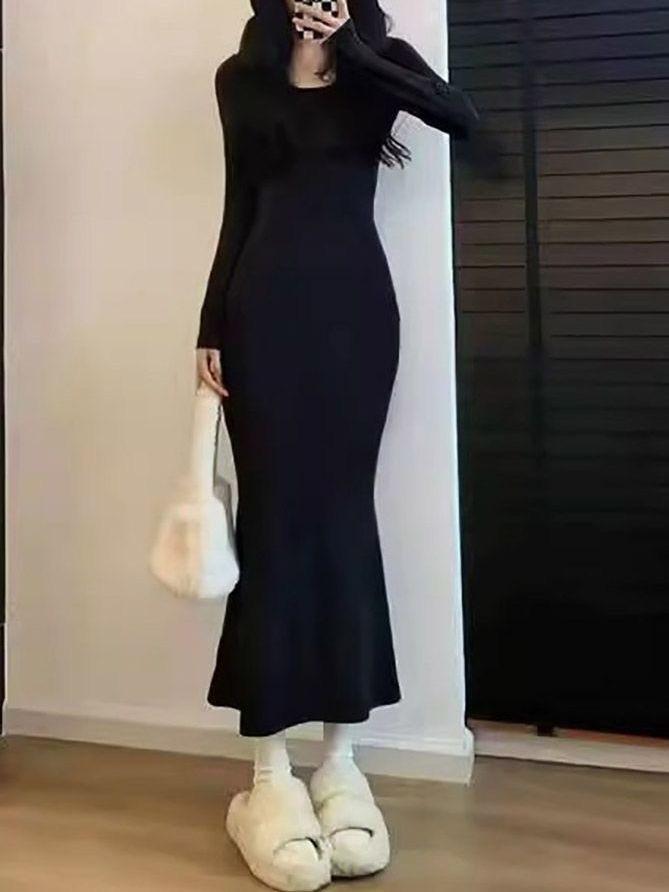 Women's Fleece-Lined Long Fishtail Dress - Pure & Sexy Style, Slimming Square Neck, Perfect for Autumn/Winter.