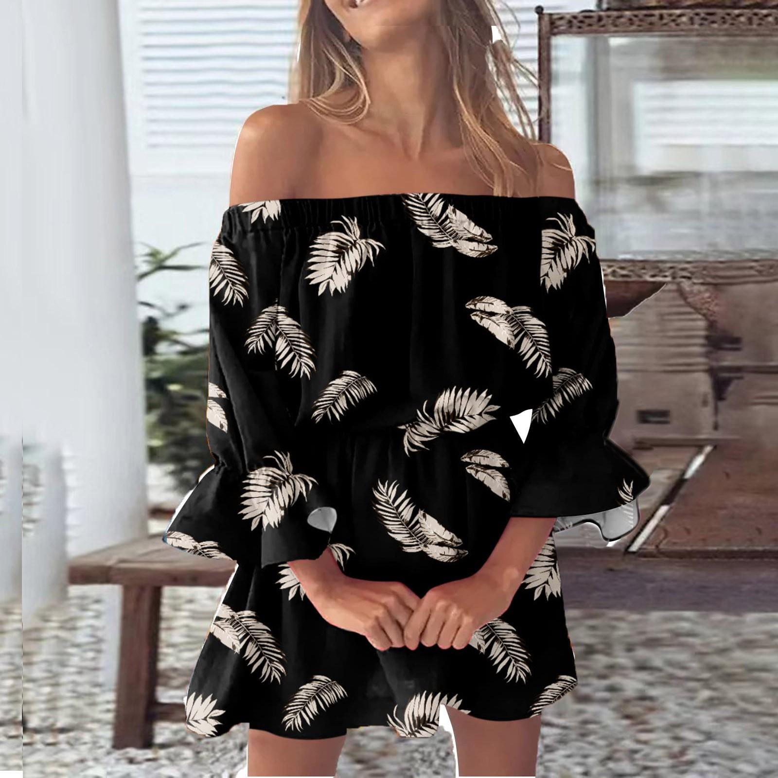 

Женское повседневное сексуальное платье трапециевидной формы на одно плечо со средней талией и принтом с рюшами и рукавами XL