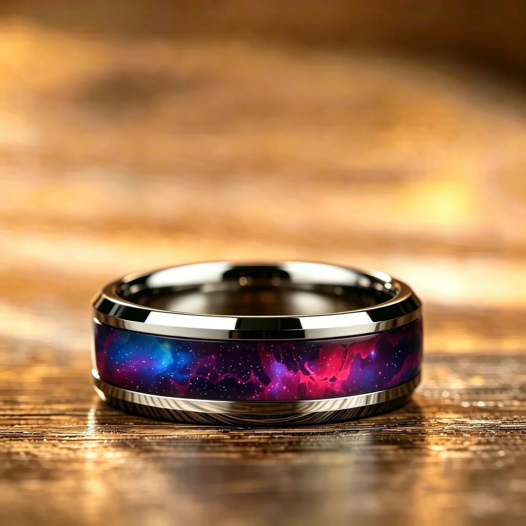 Wedding Band Jewelry Unique Mysterious Colorful Gradient Nebula Pattern Rings , 8mm Cosmic Starry Sky Stainless Steel Men Ring