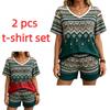 European Streets Summer Fashion Bohemian Ethnic Style Printed V-Neck Short Sleeved T-Shirt And Shorts Set Women's and Men's T-shirt Shorts Set