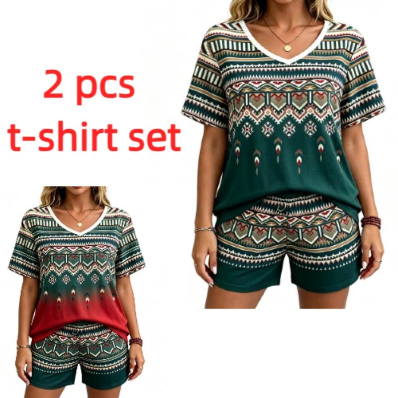 European Streets Summer Fashion Bohemian Ethnic Style Printed V-Neck Short Sleeved T-Shirt And Shorts Set Women's and Men's T-shirt Shorts Set