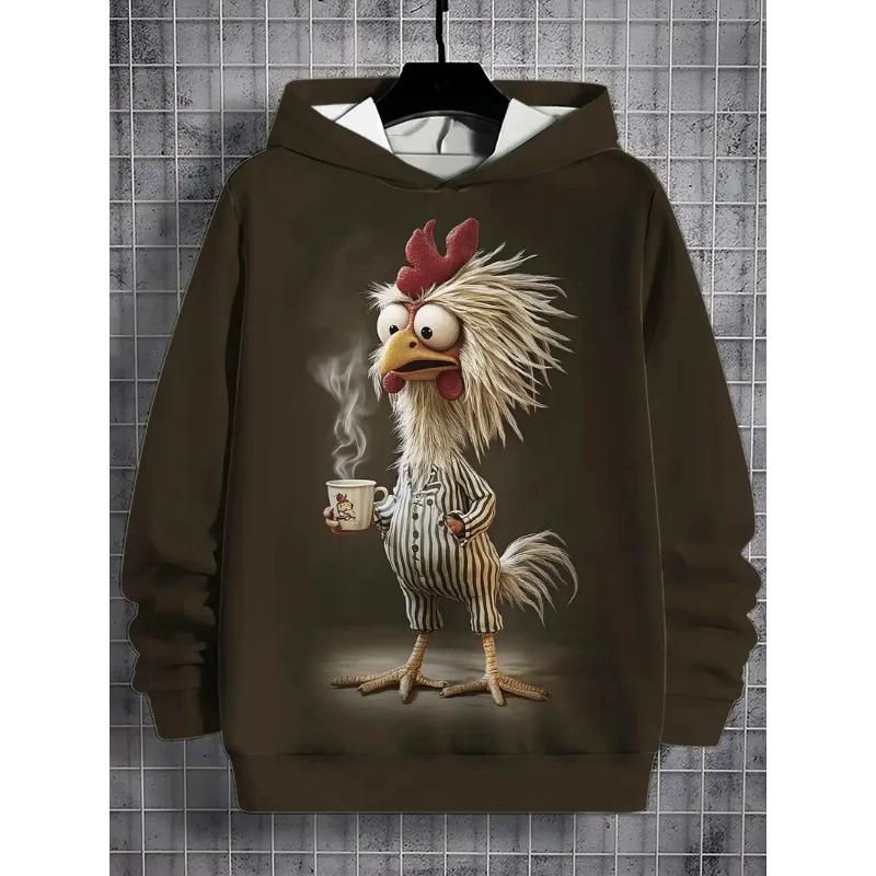 Autumn 3D Rooster Graphic Printed Hoodies Fashionable Casual Sports Pocket Long Sleeved Men's Hooded Sweatshirts