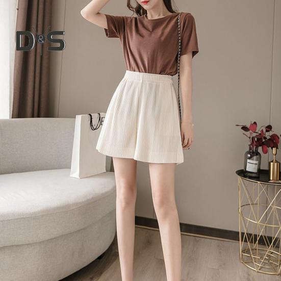 Women Shorts Elastic High Waist Ribbed Design Solid Color Casual Loose Fit Shorts Summer Wide Leg Shorts