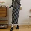 Women's Retro Wool Plaid Midi Skirt: Elastic High-Waist, Slimming A-Line with Slit, Ideal for Autumn/Winter.