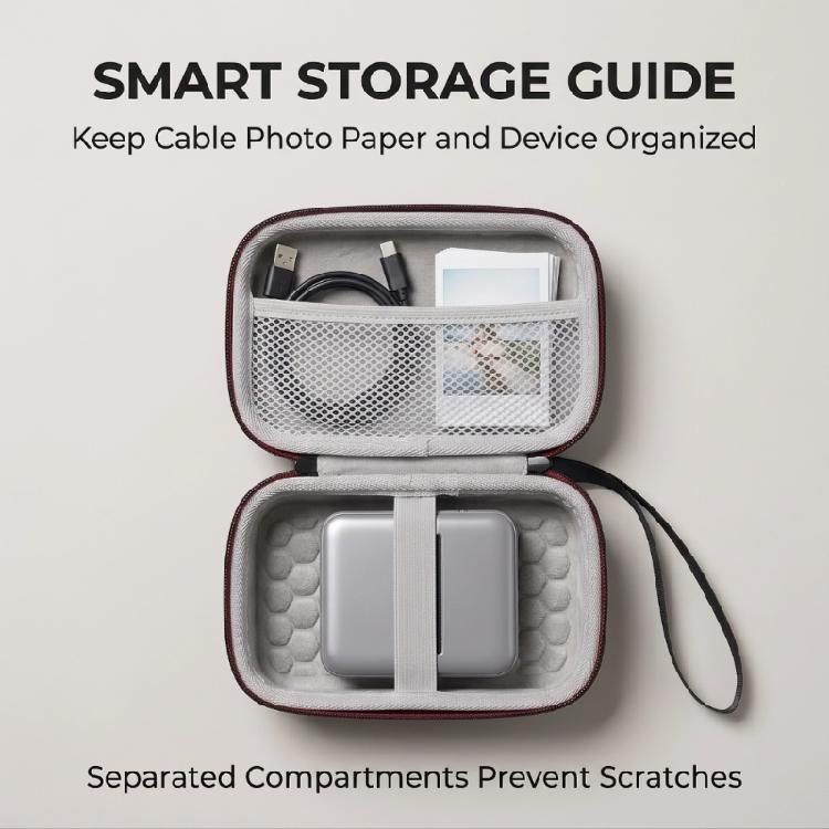 Lid Compartment Portable Photo Printer Box with Interior Device Retainer, Padded Panel, Black Exterior, Hand Carry Grip and Separate Accessory Storage