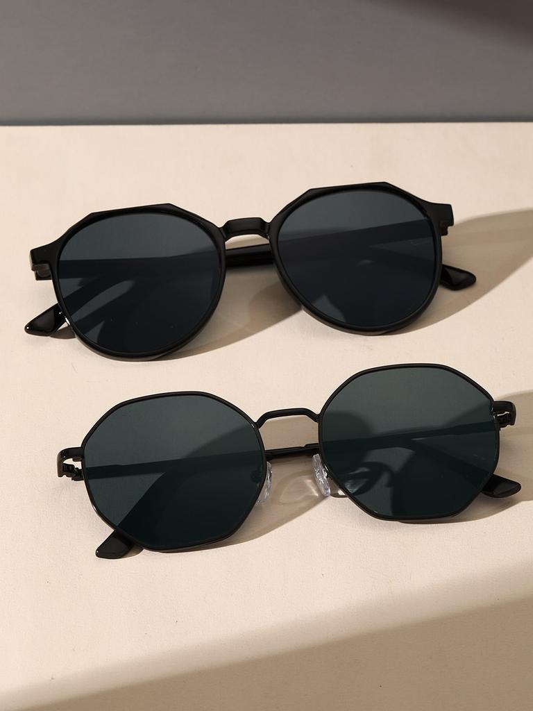 2Pcs Men Geometric Frame Fashion Sunglasses Classic Cool Black Glasses For Daily Outdoor Life Women Eyewear Accessories.