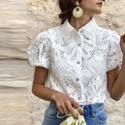 Lapel Puff Short Sleeve Slim Fit Shirt Tops Solid Color Button Closure Hollow Lace