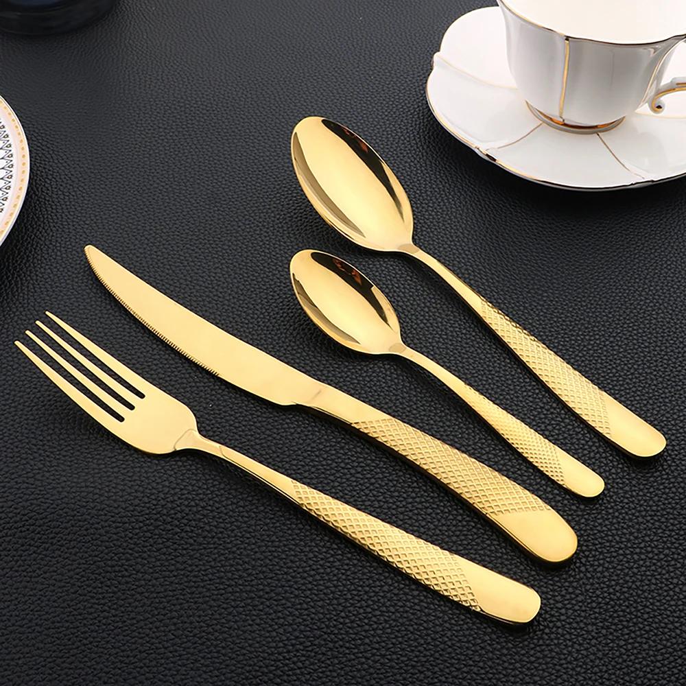 16PCS Gold Tableware Sets Stainless Steel Cutlery Knife Tea Fork Coffee Spoon Flatware Dishwasher Safe