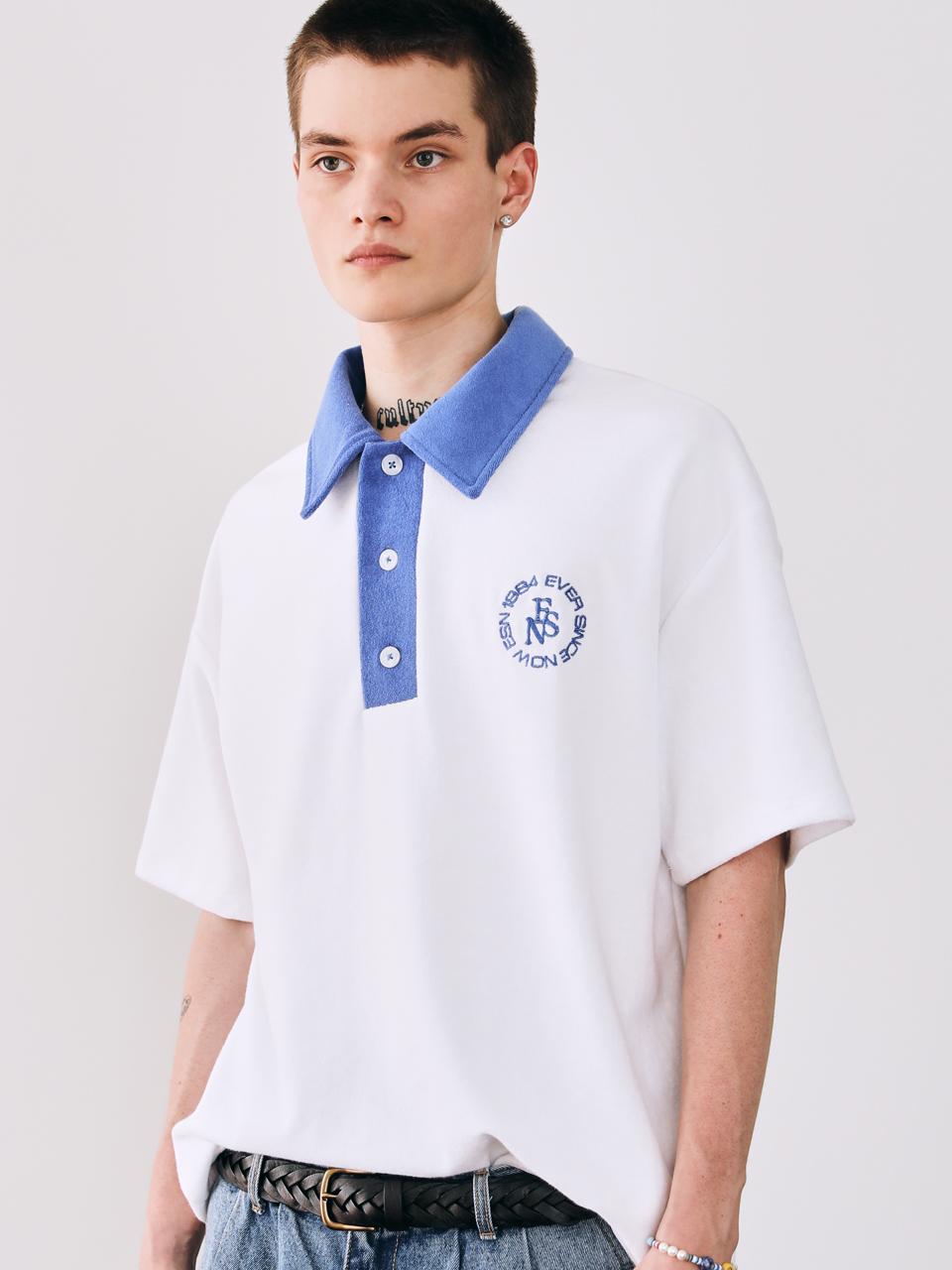 Terry Collar Embroidered Logo Short Sleeve T-Shirt Blue L