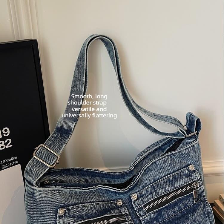 Vintage multi-pocket denim tote bag women's shoulder bag