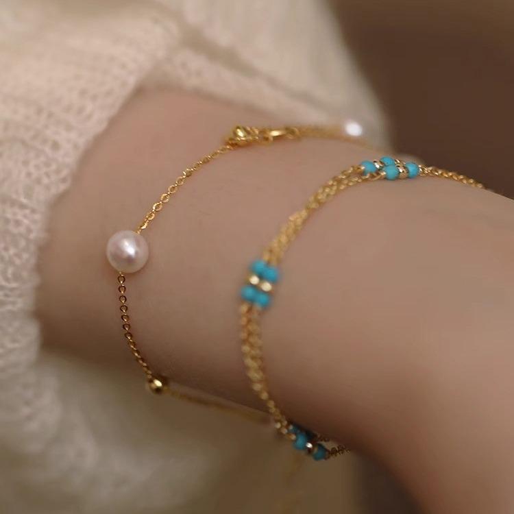 Women's Two Pearl Bracelet with Broken Silver Light Luxury Temperament All-Match Bracelet Petty Gold Square Design for Girlfriend