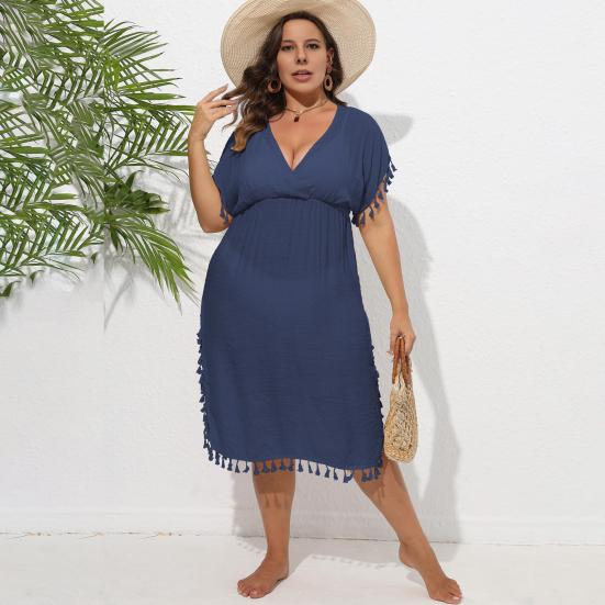 Women Bikini Cover Up Dress Solid Color V-Neck Short Sleeve Elastic High Waist Tassel Patchwork Cover Up Dress