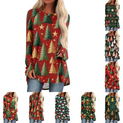 Moda Femenina Suelta de Largo Medio Cuello Redondo Jersey Estampado Navideño Mangas Raglán Manga Larga Top Casual