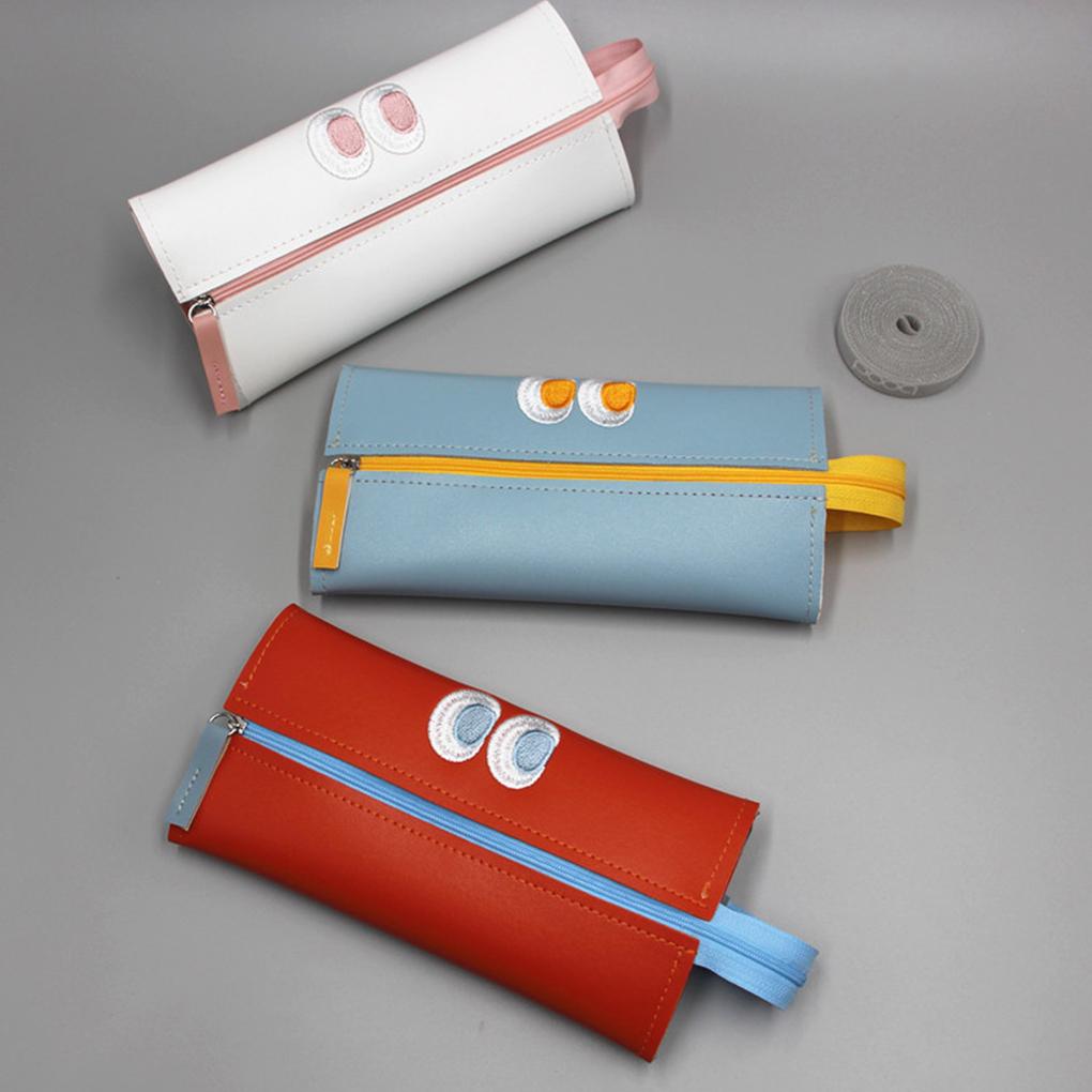 Leather Pencil Case Embroidery Zipper Solid Color Lifting Handle Replacement School University Pen Bag Pouch Birthday Gift
