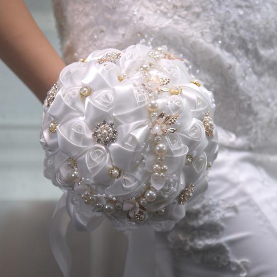 Lightweight Handheld Wedding Flowers Artificial Silk Rose Bridal Bouquet with Chiffon Ribbon, Toss for Ceremony, Vintage Style Floral Keepsake
