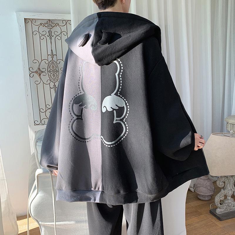 Fairy Couple Pink & White Contrast Bear Jacket Cardigan - Men's Spring/Autumn Baseball Sweater