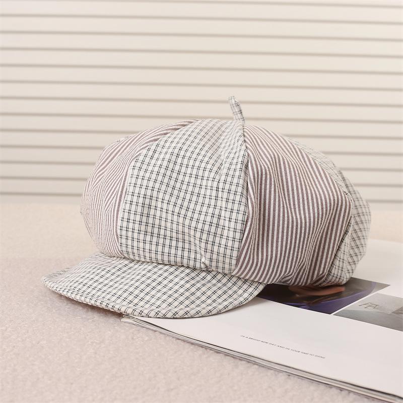 Plaid beret female summer retro painter hat big head circumference showing face small newsboy hat spring and autumn cloud octagonal hat