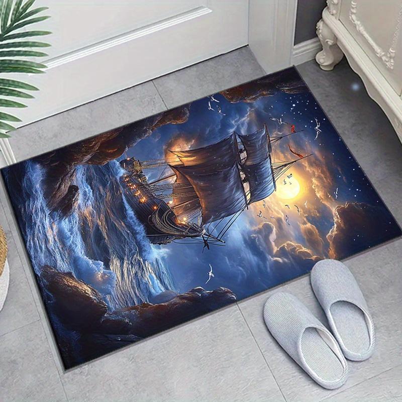 Коврик из кристаллического велюра с морским парусником - Противоскользящий, Яркий дизайн закатного неба, Идеально подходит для декора гостиной или спальни, Материал: Полиэстер 60cm x 90cm