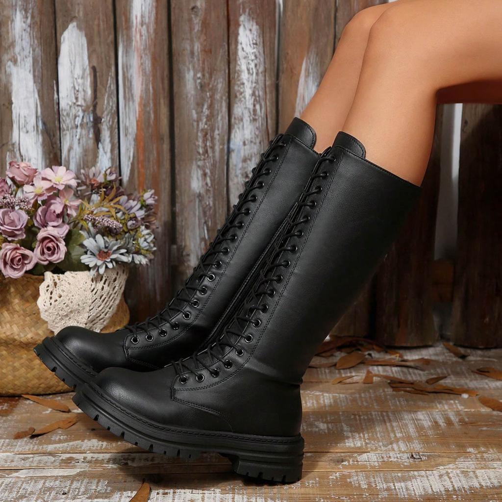 Botas de Mujer Británicas de Suela Gruesa con Cordones y Tacón Grueso, Modernas y Casuales, para Uso en Exteriores, Botas de Tacón Alto para Mujer, Anchas