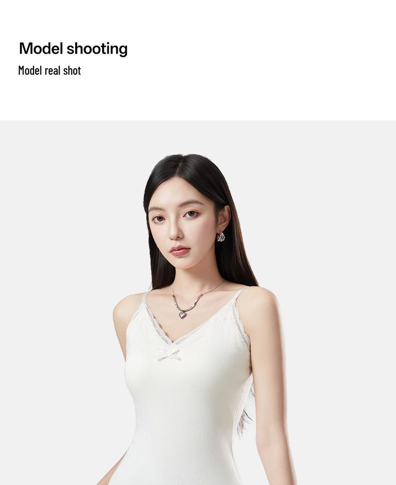 Women's Lace Camisole with Bow & Chest Pads - Warm Velvet-Lined Sleeveless Top for Autumn & Winter