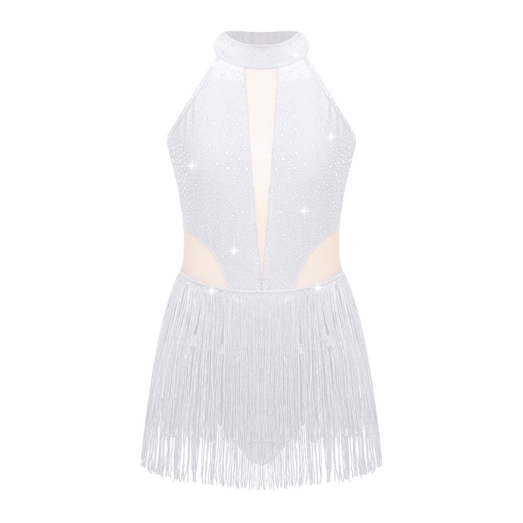 Girls Sparkly Performance Bodysuit Sleeveless Backless Style Rhinestone Fringe Detail Latin Dance
