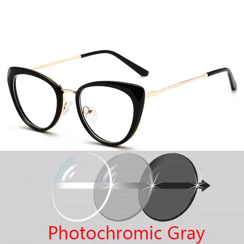 Anti-Blue Light Cat Eye Prescription Spectacle Women Myopia Lens Photochromic Glasses Diopter 0 -0.5 -0.75 -1.0 -2.0 To -6.0