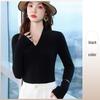 Women's Black V-neck Faux Cashmere Base Layer Top - Elegant, Slimming Autumn Outerwear for Small Suits