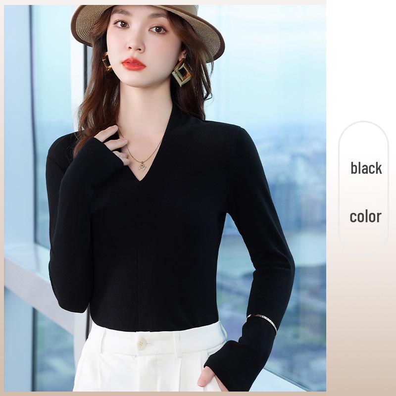 Women's Black V-neck Faux Cashmere Base Layer Top - Elegant, Slimming Autumn Outerwear for Small Suits