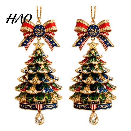 Crystal Diamond Tree Decor 250th Anniversary Christmas Ornament, 2D Acrylic Decor, Gold Edge Charms 1776-2026 Patriotic Commemorative Hanging