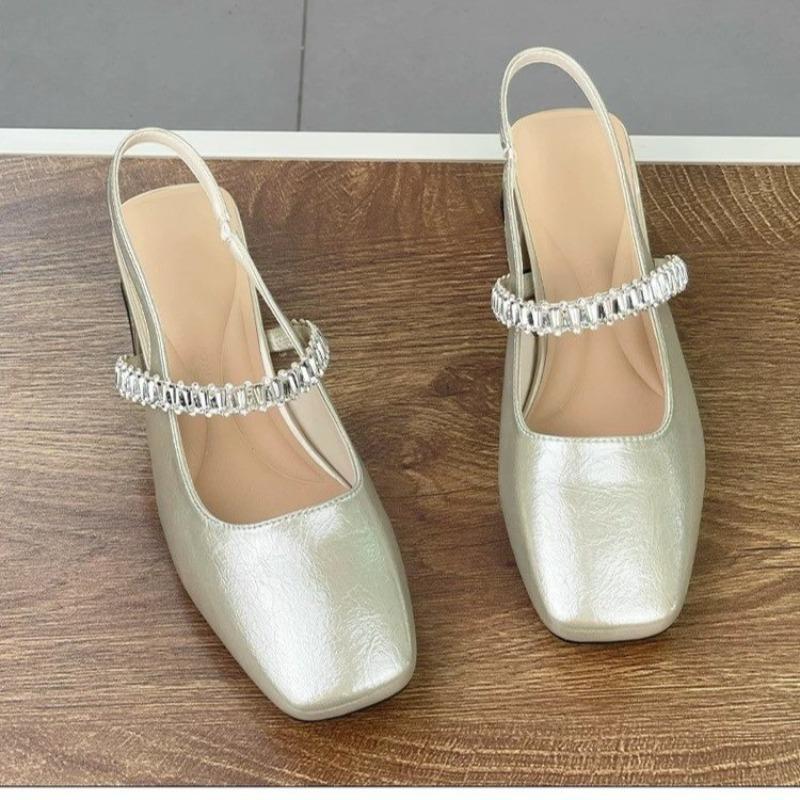 Thick Heel Mary Jane Bag Head Sandals Women's Summer New Rhinestone Word with Square Head Light Mouth Sandals