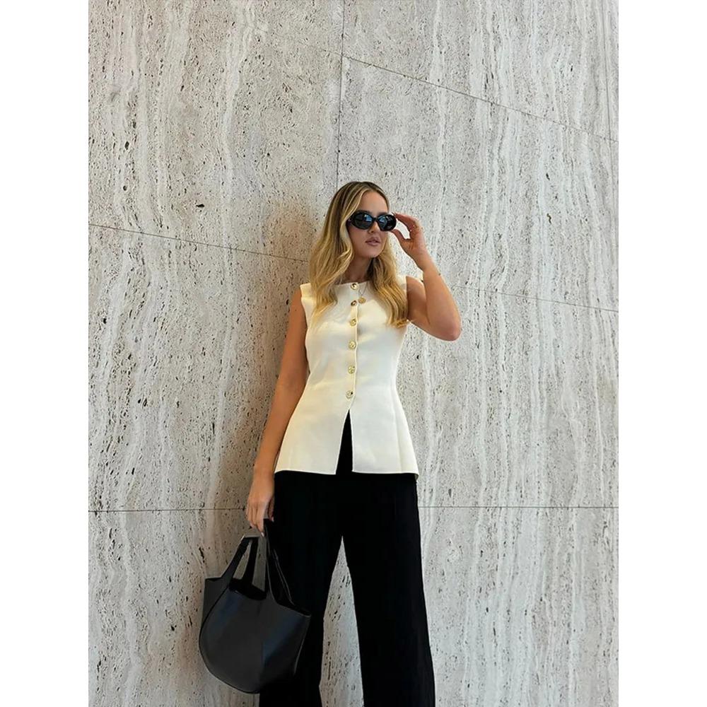 Fashion Golden Single Breasted Sweater Vest for Women Causal Sleeveless V-neck Slim Knit Cardigan Autumn New High Street Tops