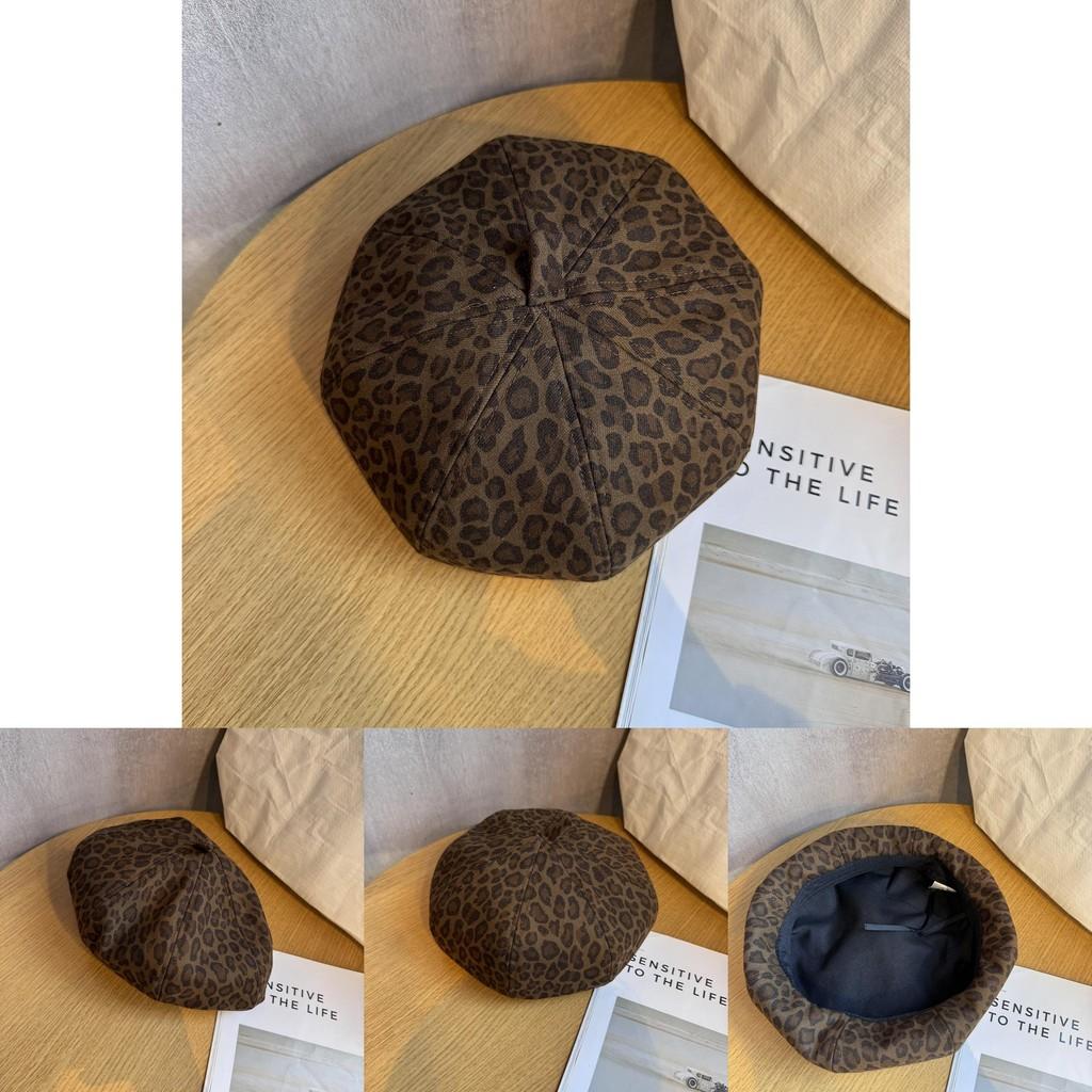 Leopard Print Beret For Women Vintage Fashion Warm Soft Leather Fall Accessory