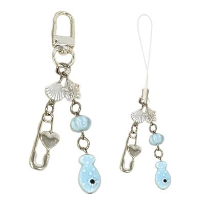 Handmade Beaded Phone Lanyard Blue Dots Fish Pendant Strap Detachable Phone Charm Keyring Portable Accessory for Women