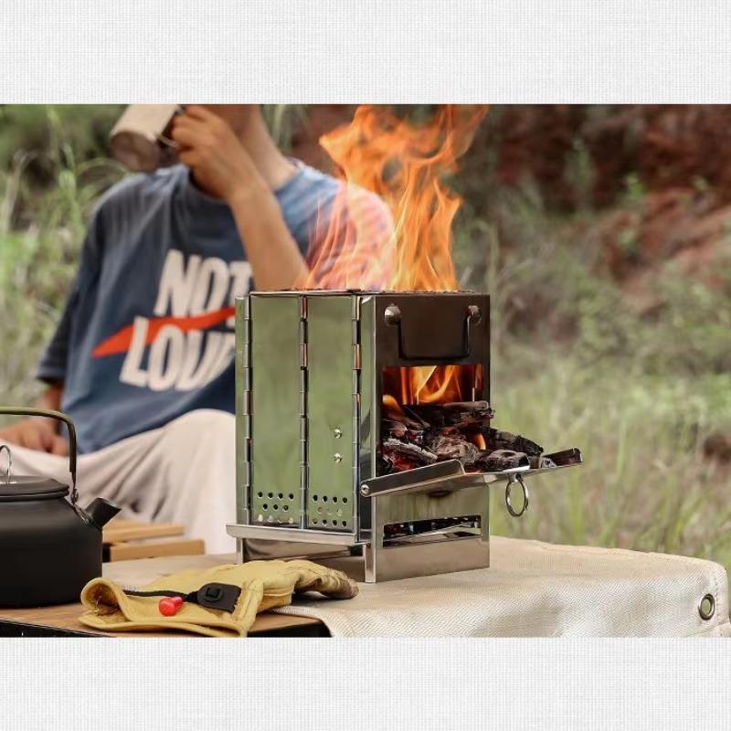Portable Mini Square Barbecue Stove Foldable Stainless Steel Charcoal Wood Stove Outdoor Camping Barbecue Heating Stove