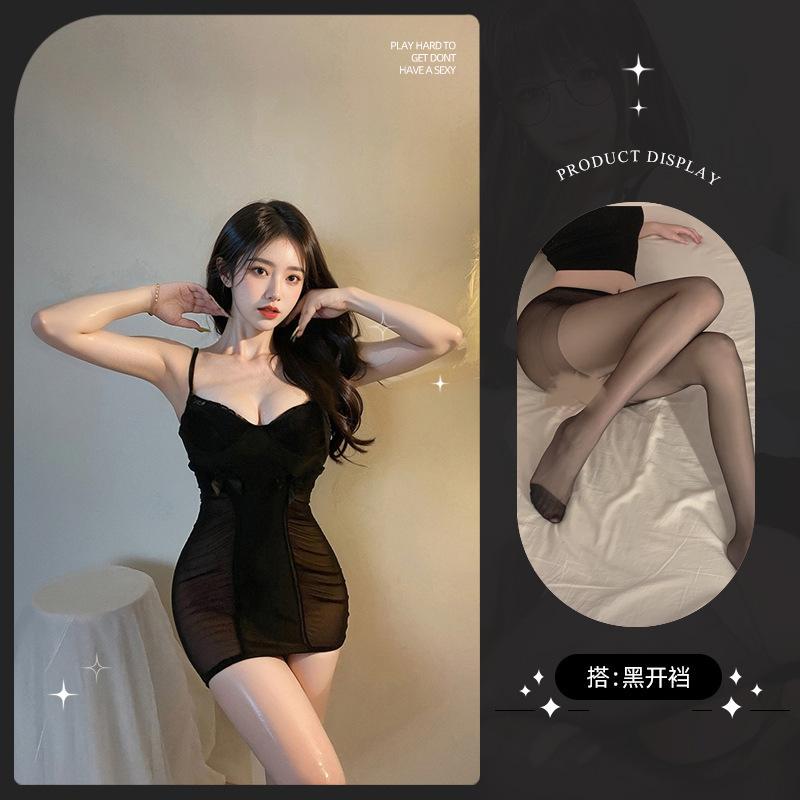 Sexy lingerie sexy deep vA wrinkled mesh perspective seduction hot suspender nightdress set