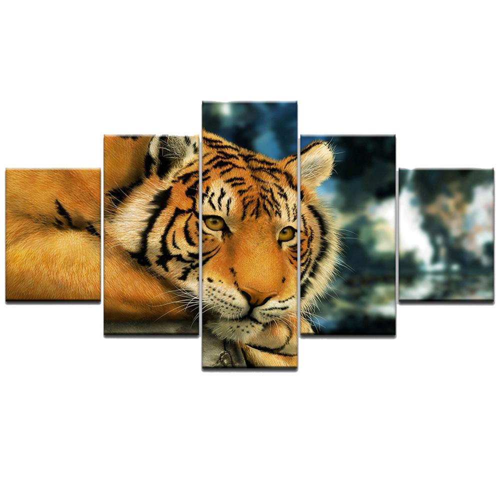 

5 шт. Картина с изображением животных и тигров, модульная холщовая рамка для картины, настенное искусство, постер, украшение для гостиной, современные HD-принты Medium Size Unframed Canvas
