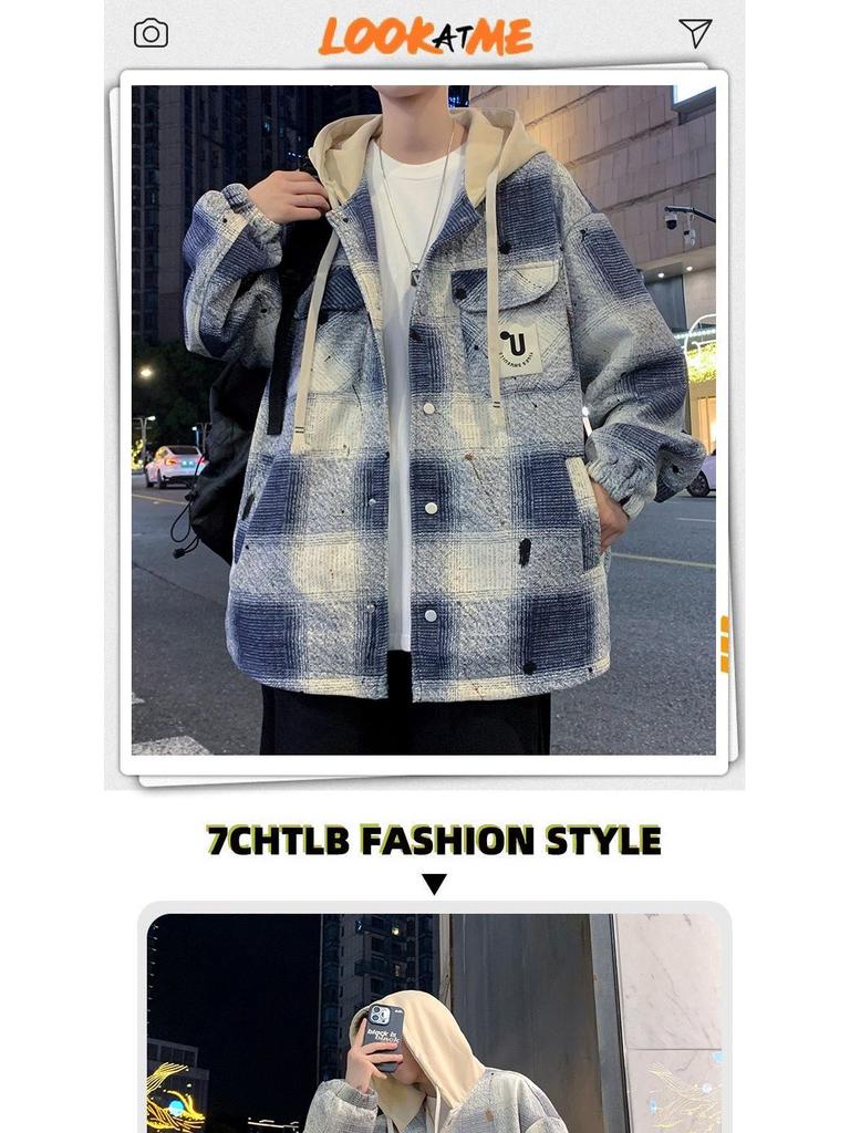 Men's Hooded Plaid Cotton Jacket - Spring/Autumn/Winter Workwear for Youth Students