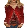 Women's Fashionable Casual V-neck Blouse Button Christmas Printed Long-sleeved Pullover T-shirt Top